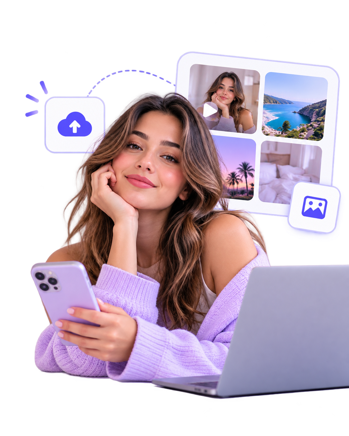 Content creator with phone and laptop, surrounded by photo and video sharing elements